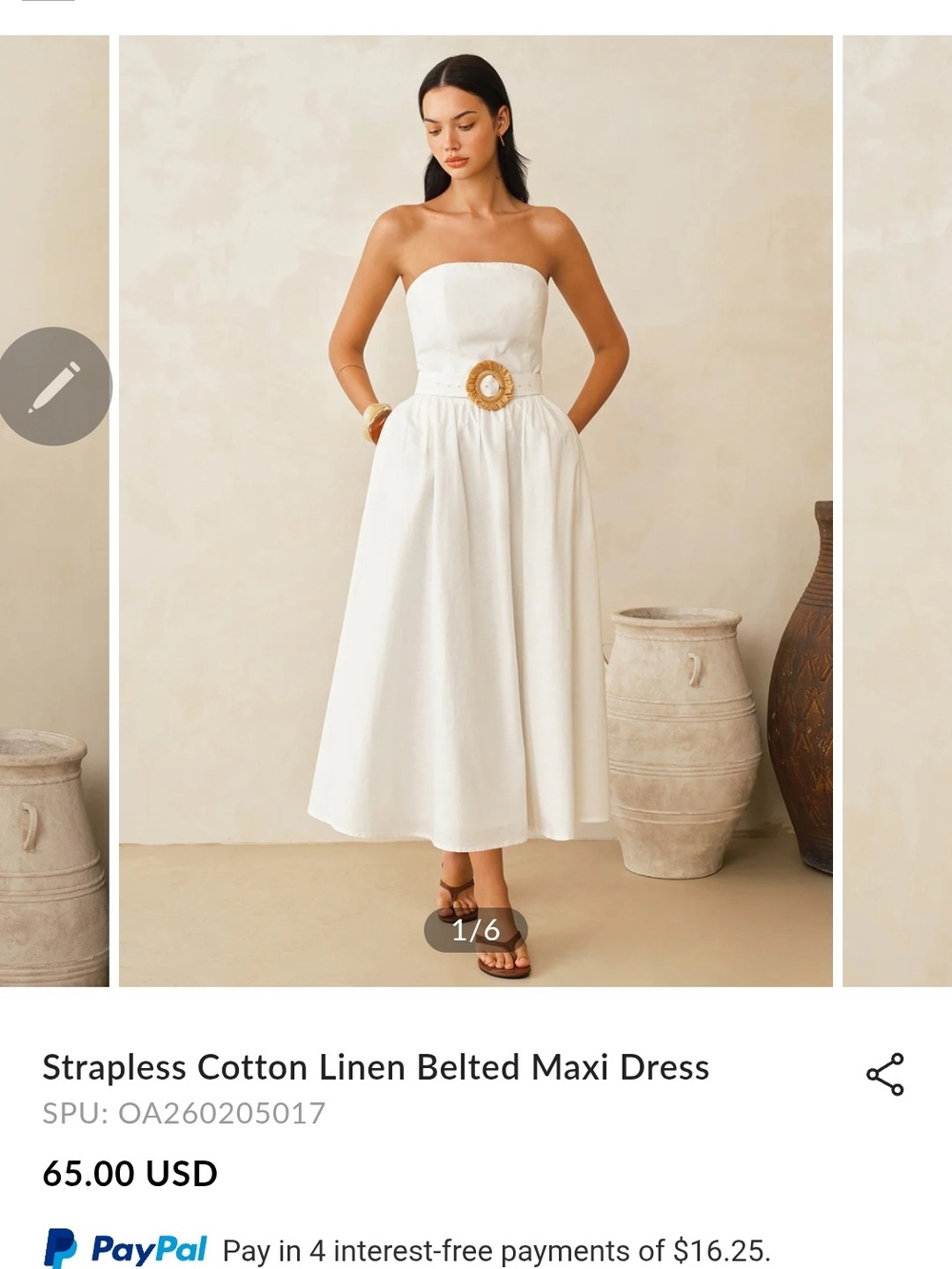 Strapless White Cotton-Linen Belted Maxi Dress nwt COMMENSE